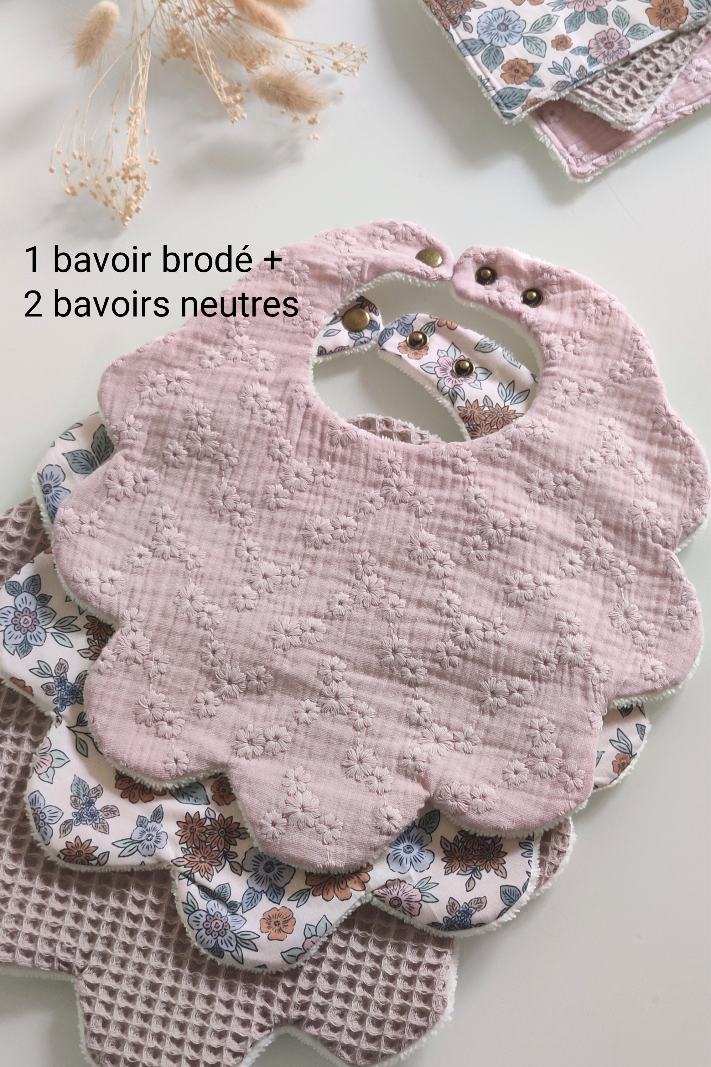 Lot de 3 bavoirs fleurs - Vieux rose