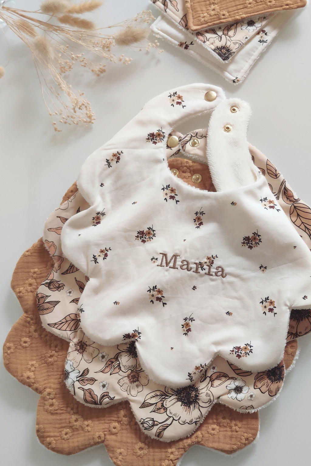 Lot de 3 bavoirs fleurs - Marron Camel