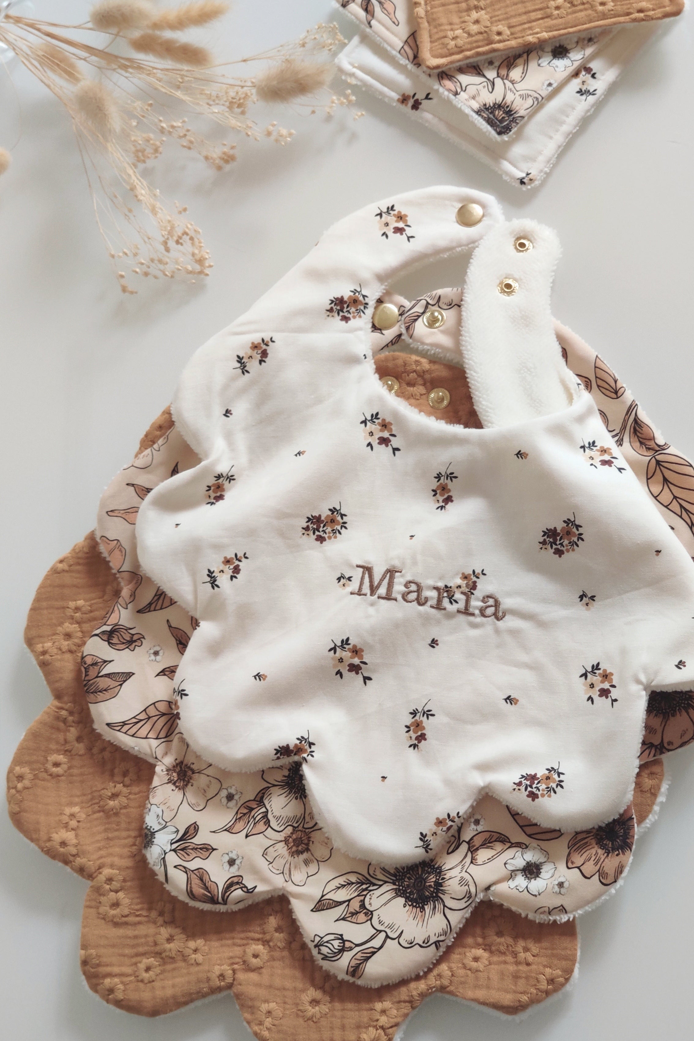 Lot de 3 bavoirs fleurs - Marron Camel