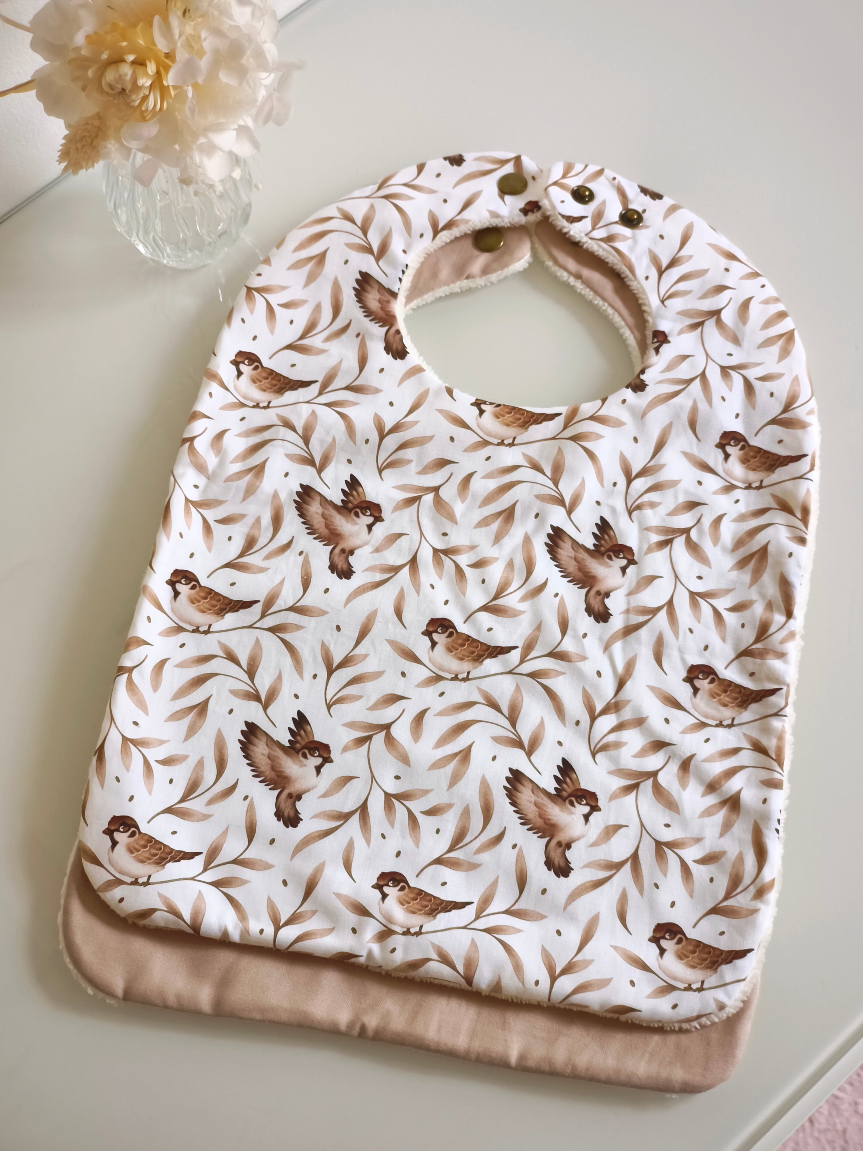 2 Bavoirs Beige Oiseaux